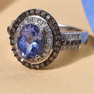 Tanzanite, Natural Champagne and White Diamond Double Halo Ring, size 8.0